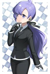 Rule 34 | 1girl, ahoge, anabel (pokemon), bad id, bad pixiv id, black gloves, black jacket, black pants, black ribbon, blue background, border, breasts, cowboy shot, creatures (company), earrings, female focus, formal, game freak, gloves, hair ribbon, hand up, highres, jacket, jewelry, long hair, long sleeves, looking at viewer, matching hair/eyes, medium breasts, necktie, nintendo, open mouth, pants, pokemon, pokemon sm, ponytail, purple eyes, purple hair, ribbon, shirt, simple background, solo, standing, suit, two-tone background, white border, white shirt, yuihico