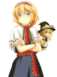 Rule 34 | 1girl, :&lt;, :x, alice margatroid, ao usagi, blonde hair, blue eyes, can&#039;t be this cute, capelet, character doll, crossed arms, female focus, hairband, hat, kirisame marisa, lonely, ore no imouto ga konna ni kawaii wake ga nai, parody, short hair, simple background, solo, touhou, witch, witch hat