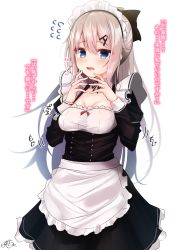Rule 34 | 1girl, 9a-91 (girls&#039; frontline), apron, bad id, bad pixiv id, black bow, black dress, black ribbon, blue eyes, blush, bow, breasts, collar, collarbone, commentary request, detached collar, dress, flying sweatdrops, frilled apron, frilled dress, frills, girls&#039; frontline, hair between eyes, hair bow, hair ornament, hairclip, hands up, high ponytail, highres, juliet sleeves, light brown hair, long hair, long sleeves, maid, maid headdress, medium breasts, neck ribbon, open mouth, ponytail, puffy sleeves, ramchi, ribbon, signature, simple background, solo, translated, very long hair, waist apron, white apron, white background, white collar