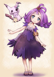 Rule 34 | 1girl, acerola (pokemon), ahoge, armlet, blue eyes, blush, collarbone, creatures (company), dress, flower, full body, game freak, gen 7 pokemon, hair ornament, hairclip, highres, looking at another, mimikyu, nintendo, pokemon, pokemon (anime), pokemon (creature), pokemon sm (anime), purple hair, sandals, short hair, smile, taka mimizuku