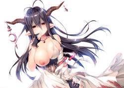 Rule 34 | 10s, 1girl, antenna hair, bandaged arm, bandages, bare shoulders, black gloves, blood, blood on clothes, blood stain, bloody clothes, bloody dress, bloom, breasts, crescent, danua, draph, dress, finger to mouth, fingerless gloves, gloves, granblue fantasy, hair between eyes, horn ornament, horns, jewelry, konomi (kino konomi), large breasts, long hair, looking at viewer, necklace, nipples, pointy ears, purple hair, red eyes, simple background, solo, upper body, white background, white dress
