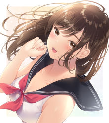 Rule 34 | 1girl, :d, bare arms, bare shoulders, black sailor collar, blush, breasts, brown eyes, brown hair, cleavage, collarbone, commentary request, floating hair, hand up, light particles, long hair, looking at viewer, medium breasts, neckerchief, noda shuha, open mouth, original, red neckerchief, sailor collar, school uniform, serafuku, shirt, sleeveless, sleeveless shirt, smile, solo, upper body, white shirt