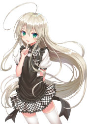 Rule 34 | 1girl, ahoge, apron, bad id, bad pixiv id, black apron, blush, bow, checkered bow, checkered clothes, checkered skirt, collared shirt, commentary request, frilled apron, frills, green eyes, hair between eyes, haiyore! nyaruko-san, hand up, highres, index finger raised, long hair, looking at viewer, nyarlathotep (nyaruko-san), parted lips, puffy sleeves, seungju lee, shirt, sidelocks, silver hair, simple background, skirt, smile, solo, sweat, thighhighs, very long hair, white background, white shirt, white thighhighs