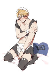 Rule 34 | 1boy, ahoge, alternate costume, america (hetalia), anger vein, angry, apron, axis powers hetalia, black skirt, black thighhighs, blonde hair, blush, covering chest, covering privates, enmaided, glasses, large pectorals, looking at viewer, maid, maid headdress, male focus, no, on bed, pectoral cleavage, pectorals, seiza, sitting, skirt, sleeveless, thighhighs, to@st, waist apron, wrist cuffs, yes-no pillow