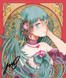 Rule 34 | 1girl, anniversary, aqua eyes, aqua hair, art nouveau, artist name, bare shoulders, blue eyes, bow, choker, congratulations, english text, from side, gem, hair between eyes, hair ornament, tucking hair, hand on own cheek, hand on own face, hand up, hatsune miku, highres, jewelry, laurels, light smile, looking at viewer, necklace, portrait, red background, redrawn, signature, solo, strapless, twintails, vocaloid, yuu (arcadia)