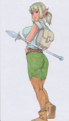 Rule 34 | 1girl, arm under breasts, ass, backpack, bag, belt, blonde hair, boots, breasts, brown eyes, brown footwear, brown thighhighs, collared shirt, commentary request, earrings, frown, full body, green pants, jewelry, large breasts, leather, leather boots, looking at viewer, looking back, medium hair, nemui333, original, pants, pointy ears, ponytail, shirt, simple background, solo, staff, thighhighs, traditional media, white background