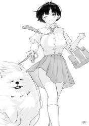 Rule 34 | 1girl, absurdres, breasts, dog, greyscale, highres, large breasts, leash, monochrome, one eye closed, original, school uniform, short hair, solo, takenoko no you, walking