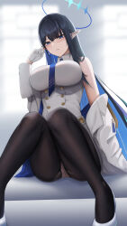 Rule 34 | 1girl, absurdres, black hair, black pantyhose, blue archive, blue eyes, blue hair, blue halo, blue necktie, blush, breasts, colored inner hair, commentary request, glasses, gloves, halo, highres, large breasts, long sleeves, looking at viewer, multicolored hair, necktie, panties, pantyhose, parted lips, pointy ears, rin (blue archive), single bare shoulder, solo, thighs, two-tone hair, underwear, white footwear, white gloves, yamikyon