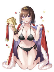 Rule 34 | 1girl, barefoot, bikini, black bikini, blush, breasts, brown hair, cape, cleavage, collarbone, commentary request, confetti, feet, hair between eyes, hawawa-chan (shiro kuma shake), highres, holding, holding trophy, large breasts, navel, open mouth, original, purple eyes, red cape, shiro kuma shake, short hair, side-tie bikini bottom, simple background, smile, solo, swimsuit, tiara, trophy, white background