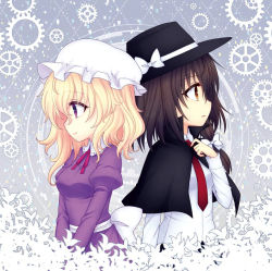 Rule 34 | 2girls, album cover, back bow, blonde hair, bow, brown eyes, brown hair, capelet, collared shirt, cover, from side, gears, hair bow, hand on own chest, hat, hat bow, hat ribbon, juliet sleeves, long hair, long sleeves, maribel hearn, miruki, mob cap, multiple girls, neck ribbon, necktie, ponytail, profile, puffy sleeves, purple eyes, ribbon, shirt, sparkle, touhou, usami renko