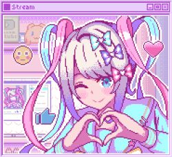 Rule 34 | 1girl, ;), blonde hair, blue bow, blue eyes, blue hair, blush, bow, chalm s, chouzetsusaikawa tenshi-chan, closed mouth, emoji, hair bow, hands up, heart, heart hands, highres, indoors, long hair, long sleeves, looking at viewer, multicolored hair, needy girl overdose, one eye closed, pink bow, pink hair, pixel art, purple bow, quad tails, smile, solo, upper body, window (computing), youtube creator award