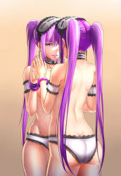 Rule 34 | 2girls, ass, back, bare back, brown background, choker, euryale (fate), fate/hollow ataraxia, fate/stay night, fate (series), lace, lace-trimmed panties, lace panties, lace trim, long hair, mirror, multiple girls, panties, purple eyes, purple hair, siblings, sisters, stheno (fate), tg01, topless, twins, twintails, type-moon, underwear, very long hair, white panties