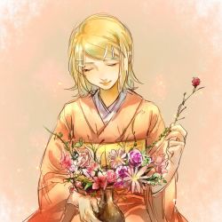 Rule 34 | 1girl, aihara-rina, blonde hair, chinese commentary, closed eyes, commentary, flower, hair ornament, hairclip, holding, holding flower, japanese clothes, kagamine rin, kimono, orange background, orange kimono, pink flower, purple flower, red flower, short hair, smile, solo, swept bangs, upper body, vase, vocaloid