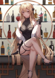 Rule 34 | $hu, 1girl, absurdres, alcohol, bar (place), bare shoulders, black dress, black footwear, black gloves, blonde hair, bottle, breasts, brown eyes, china dress, chinese clothes, cleavage, collarbone, crossed legs, cup, dress, drinking, fur, girls&#039; frontline, gloves, hair ornament, hair ribbon, high heels, highres, legs, liquor, long hair, looking at viewer, medium breasts, official alternate costume, ots-14 (girls&#039; frontline), ots-14 (sangria succulent) (girls&#039; frontline), pumps, ribbon, shelf, shoes, sitting, sitting on bar, smile, solo, strapless, strapless dress, thighs, very long hair, wine, wine bottle