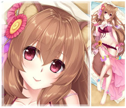 Rule 34 | 1girl, animal ears, anklet, bag, bare legs, barefoot, bikini, bikini pull, breasts, brown hair, cleavage, closed mouth, clothes pull, collarbone, dakimakura (medium), flower, from above, groin, hair between eyes, jewelry, long hair, looking at viewer, lying, medium breasts, on back, pulling own clothes, raccoon ears, raccoon girl, raccoon tail, raphtalia, red bikini, red eyes, sarong, sash, smile, solo, split screen, summer-d (dodojune), sunflower, swimsuit, tail, tate no yuusha no nariagari, thigh gap, thigh strap, very long hair, wrist cuffs, yellow flower