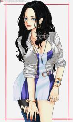 Rule 34 | 1girl, absurdres, black hair, blue eyes, bracelet, commentary, cowboy shot, cropped jacket, dress, earrings, highres, jacket, jewelry, lady shin, looking at viewer, multiple rings, necklace, nico robin, one piece, one piece film: red, pantyhose, pantyhose around one leg, red lips, red nails, ring, short dress, solo, striped clothes, striped dress, tongue, tongue out, vertical-striped clothes, vertical-striped dress, white jacket