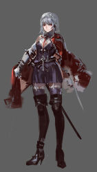 Rule 34 | 1girl, armor, assassin&#039;s creed, assassin&#039;s creed (series), boots, cape, cross, dress, full body, izayoi sakuya, kishiyo, looking at viewer, maid, maid headdress, md5 mismatch, red eyes, resolution mismatch, ribbon, short hair, silver hair, simple background, solo, sword, thigh boots, thighhighs, touhou, weapon, zettai ryouiki