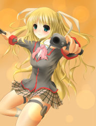 Rule 34 | 1girl, asahi (ge nyu), bad id, bad pixiv id, blonde hair, bow, green eyes, gun, highres, little busters!, long hair, magazine (weapon), pink bow, pointing, pointing at viewer, school uniform, solo, tokido saya, twintails, weapon
