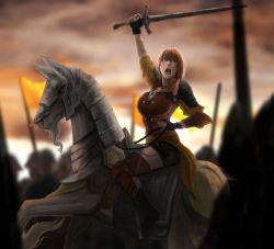 Rule 34 | 1girl, breasts, fire emblem, fire emblem: three houses, flag, highres, holding, holding sword, holding weapon, horse, horseback riding, large breasts, leonie pinelli, nintendo, open mouth, orange hair, reins, riding, saddle, shield, short hair, shorts, southpartrest, sword, weapon