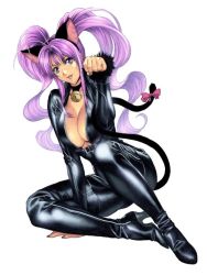 Rule 34 | 1girl, animal ears, antenna hair, bell, belt, black bodysuit, bodysuit, boots, breasts, cat ears, cat tail, catsuit, center opening, cleavage, collar, fake animal ears, high heel boots, high heels, homare (fool&#039;s art), large breasts, leather, lipstick, long hair, lying, makeup, neck bell, no bra, on side, original, paw pose, purple eyes, purple hair, purple lips, ribbon, shizune (homare), shoes, sitting, solo, source request, tail, tail ornament, tail ribbon, thigh boots, thighhighs, twintails
