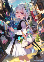 Rule 34 | 1girl, :d, ahoge, animal, artist name, bag, black vest, blue eyes, blue flower, blue sky, blush, braid, building, cat, cloud, cloudy sky, commentary request, day, dress, flag, flower, frilled dress, frills, grey hair, hair between eyes, hair flower, hair ornament, hairclip, heart, highres, holding, holding flower, liclac, long hair, long sleeves, multicolored hair, open mouth, original, outdoors, pennant, pink flower, pink hair, purple flower, single braid, sky, smile, solo, stairs, streaked hair, teeth, upper teeth only, vest, white dress, white flower, yellow flower
