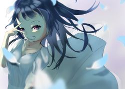 Rule 34 | 1girl, aqua feathers, artist name, artist request, blue feathers, blue hair, blush, breasts, collarbone, dress, feathers, female focus, floating hair, hair bun, half-closed eyes, highres, long hair, looking at viewer, love live!, love live! sunshine!!, parted lips, pink eyes, purple eyes, side bun, single hair bun, skirt, small breasts, smile, solo, teeth, tsushima yoshiko, v, v over eye, white dress, white skirt