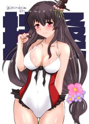 Rule 34 | 1girl, absurdres, bare shoulders, blush, breasts, breasts apart, embarrassed, flower, fusou (kancolle), gluteal fold, hair between eyes, hair flower, hair ornament, twirling hair, highres, kantai collection, kitahama (siroimakeinu831), long hair, looking at viewer, low-tied long hair, medium breasts, official alternate costume, one-piece swimsuit, red one-piece swimsuit, solo, swimsuit, thigh gap, thighs, twitter username, two-tone swimsuit, very long hair, white background, white one-piece swimsuit