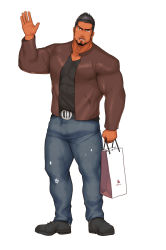 Rule 34 | 1boy, abs, bad id, bad pixiv id, bag, bara, beard, belt, biceps, black hair, brown eyes, facial hair, grocery bag, hand up, highres, jacket, kuromine hiraya, large pectorals, leather belt, looking at viewer, male focus, manly, mature male, muscular, muscular male, open clothes, open jacket, open mouth, original, pants, pectorals, shirt, shoes, shopping bag, solo, spiked hair, t-shirt, tan, thick arms, thick eyebrows, thick thighs, thighs, tight clothes, torn clothes, torn pants, unzipped, white background