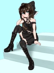 Rule 34 | 1girl, absurdres, aqua background, aqua eyes, artist name, artist request, bare shoulders, black-bow, black choker, black dress, black footwear, black legwear, black skirt, blue eyes, blush, boots, bow, breasts, brown hair, choker, collarbone, criss-cross halter, cross-laced clothes, cross-laced dress, dress, elbow on knee, female focus, frilled bow, frills, full body, hair between eyes, hair bow, half updo, halterneck, hand on own chin, hand on own face, high heel boots, high heels, highres, long hair, looking at viewer, love live!, love live! nijigasaki high school idol club, miniskirt, o-ring, o-ring choker, osaka shizuku, parted lips, plaid, plaid dress, plaid skirt, pleated, pleated dress, pleated skirt, sitting, sitting on stairs, skirt, small breasts, smile, solo, stairs