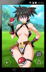 Rule 34 | 10s, 1girl, alternate color, alternate hair color, belt, black hair, blue eyes, breasts, copyright name, creatures (company), crotch zipper, fake screenshot, female focus, fingerless gloves, game freak, gloves, gym leader, hand on own hip, heart, heart-shaped pupils, highleg, highleg swimsuit, konno tohiro, large breasts, misty (pokemon), nintendo, one-piece swimsuit, poke ball, poke ball (basic), pokemon, pokemon: the electric tale of pikachu, pokemon go, ponytail, pubic tattoo, shiny skin, short hair, side ponytail, slingshot swimsuit, smile, solo, swimsuit, symbol-shaped pupils, tattoo, thighs, wide hips, zipper
