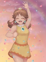 Rule 34 | 1girl, :d, absurdres, arm up, bare shoulders, breasts, brooch, brown hair, clenched hand, crown, dress, earrings, eyelashes, flipped hair, flower earrings, glint, hand up, haniwa (8241427), highres, jewelry, mario (series), mario golf, mario golf: world tour, medium breasts, medium hair, nintendo, open hand, open mouth, orange dress, palms, petals, princess daisy, rainbow, short dress, sleeveless, sleeveless dress, smile, solo, sparkle, teeth, tongue, upper teeth only, waving, yellow dress