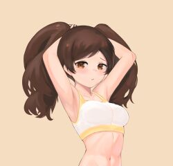 Rule 34 | 1girl, armpits, arms behind head, arms up, bare arms, bare shoulders, breasts, brown eyes, brown hair, crop top, embarrassed, highres, idolmaster, idolmaster million live!, idolmaster million live! theater days, kitazawa shiho, long hair, looking at viewer, medium breasts, meruda, midriff, navel, parted lips, shirt, simple background, sleeveless, sleeveless shirt, solo, stomach, twintails, tying hair, upper body, white shirt, yellow background