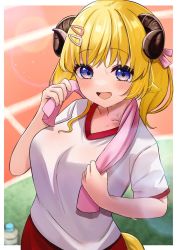Rule 34 | 1girl, animal ears, blonde hair, blue eyes, blush, breasts, collarbone, from above, gym uniform, hair ornament, hairclip, highres, holding, holding towel, hololive, horns, lens flare, leo (f mmmnkm paint), looking at viewer, looking up, medium breasts, open mouth, ponytail, red shorts, sheep ears, sheep girl, sheep horns, sheep tail, shorts, smile, solo, sweat, tail, towel, towel around neck, tsunomaki watame, virtual youtuber