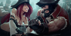 Rule 34 | 1girl, arm wrestling, bandana, bandolier, bare shoulders, beard, beer mug, belt, belt buckle, biceps, bikini, bikini top only, black bikini, black hat, black nails, black skirt, bow, breasts, brown gloves, buckle, cleavage, clenched teeth, collarbone, commentary, crossed arms, cup, detached sleeves, elbow gloves, eyeliner, eyepatch, eyeshadow, facial hair, fingernails, gangplank (league of legends), gloves, green eyes, grin, groin, hands together, hat, highres, holding, holding cup, jason chan, large breasts, league of legends, lipstick, long fingernails, long hair, looking at viewer, makeup, manly, microskirt, midriff, miss fortune (league of legends), mug, multiple boys, muscular, mustache, nail polish, navel, nose, off shoulder, pants, pantyhose, pirate, pirate hat, red hair, red lips, shirt, skirt, sleeveless, sleeveless shirt, smile, stomach, swimsuit, tank top, teeth, tight clothes, tight pants, toothpick, upper body, very long hair