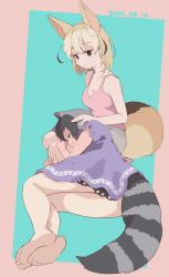 Rule 34 | 2girls, alternate costume, animal ears, bare legs, bare shoulders, barefoot, blonde hair, blue dress, common raccoon (kemono friends), dress, extra ears, fennec (kemono friends), fox ears, fox girl, fox tail, grey hair, grey shorts, hand on another&#039;s head, highres, kemono friends, lap pillow, multicolored hair, multiple girls, nanana (nanana iz), pajamas, pink tank top, puffy short sleeves, puffy sleeves, raccoon ears, raccoon girl, raccoon tail, seiza, short hair, short sleeves, shorts, sitting, sleeping, sleeveless, tail, tank top, white hair