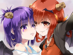 Rule 34 | 10s, 2girls, bare shoulders, bat hair ornament, blazer, cheek-to-cheek, choker, commentary request, demon girl, demon horns, demon wings, earrings, facial tattoo, gabriel dropout, hair ornament, hair ribbon, hair rings, heads together, heart, heart tattoo, highres, horns, jacket, jewelry, looking at viewer, multiple girls, necklace, outstretched arm, polo shirt, purple eyes, purple hair, red eyes, red hair, red shirt, revision, ribbon, satanichia kurumizawa mcdowell, sazanka, shirt, short hair, skull necklace, smile, smirk, tattoo, topknot, upper body, vignette tsukinose april, wings, x hair ornament