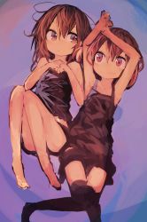 Rule 34 | 2girls, absurdres, armpits, arms up, barefoot, brown eyes, brown hair, hands on own chest, highres, ikazuchi (kancolle), inazuma (kancolle), kaamin (mariarose753), kantai collection, knees together feet apart, legs, light smile, lying, multiple girls, no shoes, on back, purple background, short hair, shorts, tank top, thighhighs