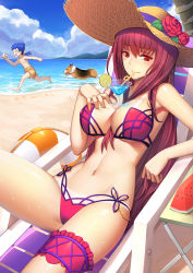 Rule 34 | 1boy, 1girl, arm support, beach, beach chair, between breasts, bikini, bikini tan, blue hair, blush, breast hold, breasts, cameltoe, cloud, cu chulainn (fate), cu chulainn (fate/stay night), day, dog, fate/grand order, fate (series), full body, grabbing, hat, highres, island, large breasts, long hair, looking at viewer, lying, mountain, outdoors, purple hair, red eyes, running, sand, scathach (fate), scathach (fate/grand order), scathach (swimsuit assassin) (fate), shorts, sky, straw hat, sweat, swimsuit, tan, tanline, thigh strap, thighs, ttheyue, water, welsh corgi