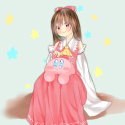 Rule 34 | 1girl, artist request, ascot, blush, bow, brown hair, detached sleeves, gradient background, hair bow, hair tubes, hakurei reimu, highres, kirby, kirby (series), long hair, long skirt, looking at viewer, nintendo, red bow, red eyes, red skirt, sitting, skirt, smile, solo, star (symbol), stuffed animal, stuffed toy, touhou, wide sleeves
