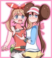 Rule 34 | 2girls, arm around waist, ass, asymmetrical docking, bag, bare shoulders, black legwear, blue eyes, blush, border, breast press, breasts, brown hair, collarbone, creatures (company), double bun, embarrassed, fanny pack, female focus, from behind, game freak, grabbing, grabbing another&#039;s breast, hair bun, hairband, hand up, hat, heart, hug, japanese text, kaimu (qewcon), large breasts, long hair, long sleeves, looking at another, looking at viewer, looking back, may (pokemon), may (pokemon oras), medium breasts, multiple girls, nintendo, nose blush, open mouth, outline, outside border, pantyhose, pink border, pink hair, poke ball theme, pokemon, pokemon bw2, pokemon oras, red hairband, red shirt, rosa (pokemon), shirt, short shorts, shorts, simple background, sleeveless, sleeveless shirt, smile, standing, surprised, sweat, translation request, twintails, visor cap, watch, white background, white shirt, white shorts, wristwatch, yellow shorts, yuri