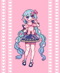 Rule 34 | 1girl, absurdly long hair, aqua hair, bare legs, blue dress, blue eyes, blue footwear, blush, bow, bowtie, braid, bright pupils, charon universe, commentary request, double-parted bangs, dress, eris (charon universe), flower, footwear flower, full body, hair between eyes, hair bow, hair ornament, hands up, head tilt, heart, heart background, highres, holding, holding stuffed toy, leg ribbon, long hair, looking at viewer, low twin braids, mary janes, pink background, pink bow, pink bowtie, pink flower, pixel art, rabbit hair ornament, raised eyebrows, ribbon, sechy, shoes, short dress, simple background, socks, solo, standing, stuffed animal, stuffed rabbit, stuffed toy, twin braids, very long hair, white pupils, white socks