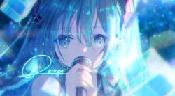 Rule 34 | 1girl, blue eyes, blue hair, collarbone, hair between eyes, hair ornament, hatsune miku, holding, holding microphone, long hair, looking at viewer, microphone, music, portrait, renren (pixiv22963369), signature, singing, sleeveless, solo, vocaloid