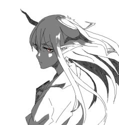 Rule 34 | 1girl, :/, annoyed, bat wings, embodiment of scarlet devil, female focus, frown, greyscale, head wings, koakuma, long hair, looking back, monochrome, pointy ears, profile, rararanago, red eyes, simple background, solo, spot color, touhou, upper body, white background, wings