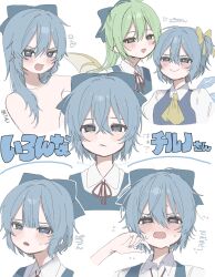 Rule 34 | 2girls, ?, alternate hairstyle, ascot, blue bow, blue hair, blush, bow, cirno, commentary, crossed bangs, daiyousei, detached wings, expressions, fang, flat chest, flying sweatdrops, green eyes, green hair, hair bow, hair over shoulder, heart, highres, jitome, multiple girls, nervous sweating, one side up, open mouth, parted lips, ponytail, portrait, short hair, simple background, skin fang, smile, smug, sweat, symbol-only commentary, touhou, utugianone, white background, wings