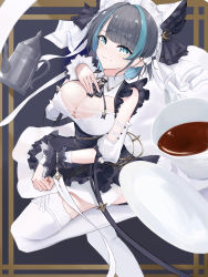Rule 34 | 1girl, absurdres, animal ears, apron, azur lane, bare shoulders, blue eyes, breasts, cat ears, cheshire (azur lane), cleavage, cleavage cutout, clothing cutout, cup, detached sleeves, dress, fake animal ears, feet out of frame, frilled hairband, frilled ribbon, frills, hairband, highres, large breasts, leg up, long ribbon, looking at viewer, maid headdress, multicolored hair, puffy detached sleeves, puffy sleeves, purple apron, ribbon, shian-chu, solo, streaked hair, teacup, thighhighs, white dress, white thighhighs, wrist cuffs
