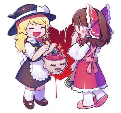 Rule 34 | 2girls, apron, black headwear, black skirt, black vest, blonde hair, blood, blunt bangs, blush, bow, braid, brain, brown eyes, brown footwear, brown hair, closed eyes, commentary request, cookie (touhou), detached sleeves, diamond (gemstone), frilled apron, frilled bow, frilled hair tubes, frilled skirt, frills, full body, grater, guro, hair bow, hair tubes, hakurei reimu, hat, hat bow, heart, highres, hita (hizokuseikogeki), holding, jewelry, kirisame marisa, long hair, looking at another, multiple girls, open mouth, pink apron, pink footwear, ponytail, marriage proposal, puffy short sleeves, puffy sleeves, red bow, red shirt, red skirt, ring, rurima (cookie), severed head, shirt, shoes, short sleeves, side braid, single braid, skirt, sleeveless, sleeveless shirt, slippers, smile, socks, standing, star (symbol), stitched eye, stitched mouth, stitches, suzu (cookie), touhou, transparent background, vest, waist apron, white apron, white bow, white legwear, white sleeves, witch hat