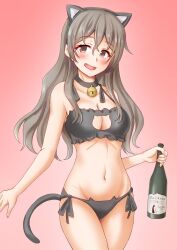 Rule 34 | 1girl, animal ears, anti (untea9), bell, black bra, blush, bottle, bra, breasts, brown eyes, cat cutout, cat ears, cat tail, cleavage, clothing cutout, collarbone, cowboy shot, grey hair, hair between eyes, highres, holding, holding bottle, jingle bell, kantai collection, long hair, medium breasts, navel, open mouth, panties, pola (kancolle), red panties, smile, solo, tail, underwear