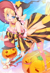 Rule 34 | 1girl, blonde hair, blue eyes, breasts, broom, broom riding, cleavage, detached sleeves, dress, halloween, hat, highres, jack-o&#039;-lantern, large breasts, lucknight, original, patterned legwear, pumpkin, short hair, solo, star (symbol), star print, striped, thighhighs, vertical stripes, wand, witch hat, zettai ryouiki