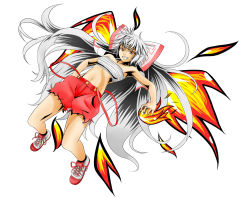 Rule 34 | 1girl, adapted costume, bow, cutoffs, dutch angle, female focus, fiery wings, fire, fujiwara no mokou, grey hair, grin, hair bow, hand in pocket, highres, long hair, midriff, navel, red eyes, sarashi, shoes, smile, sneakers, solo, strap slip, suspenders, takon34, touhou, very long hair