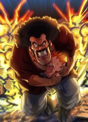 Rule 34 | 2boys, absurdres, afro, android 16, arm hair, black hair, blue eyes, cleft chin, clenched teeth, dragon ball, explosion, facial hair, grey pants, highres, kouji08250, male focus, mr. satan, multiple boys, muscular, muscular male, mustache, orange hair, outdoors, pants, severed head, sideburns, stubble, sweat, teeth